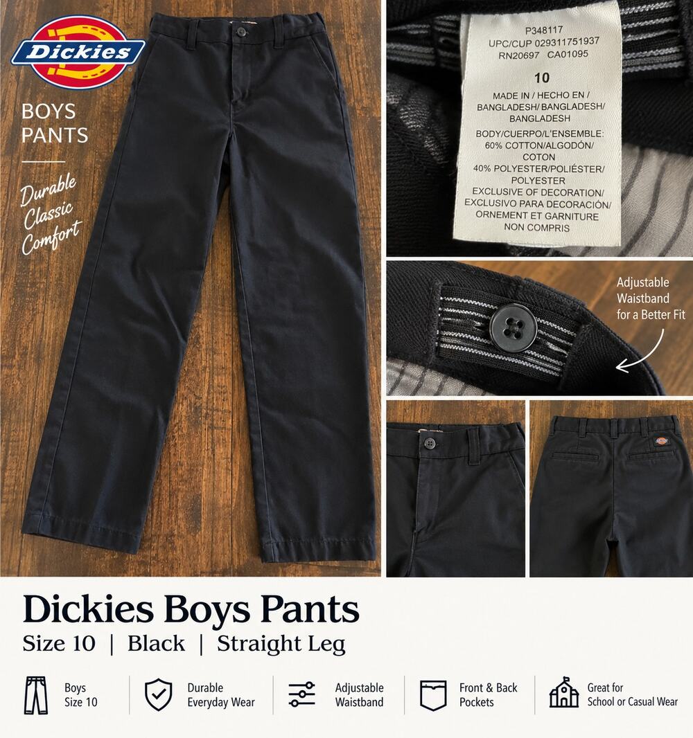 Dickies Boys Size 10 Black Straight Leg School Uniform Pants